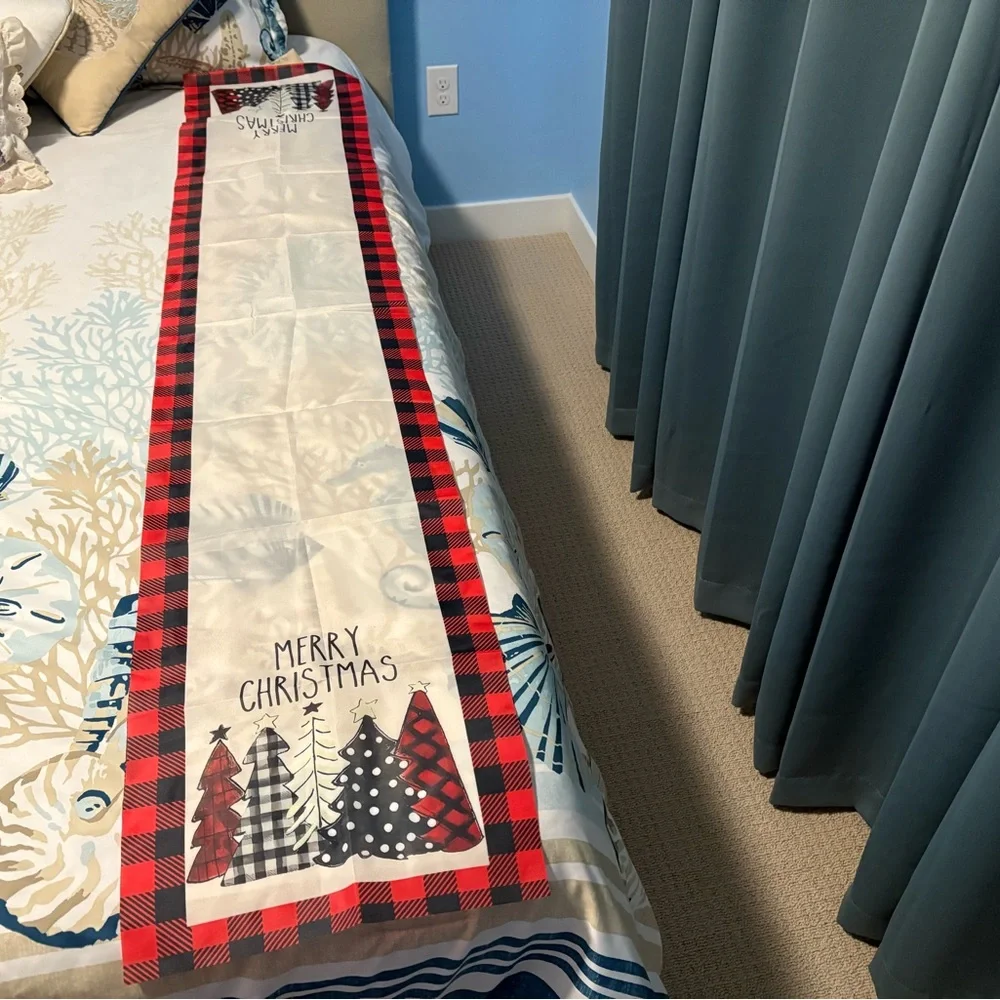 Merry Christmas Table Runner with Red Plaid Border length 70x 14 width
